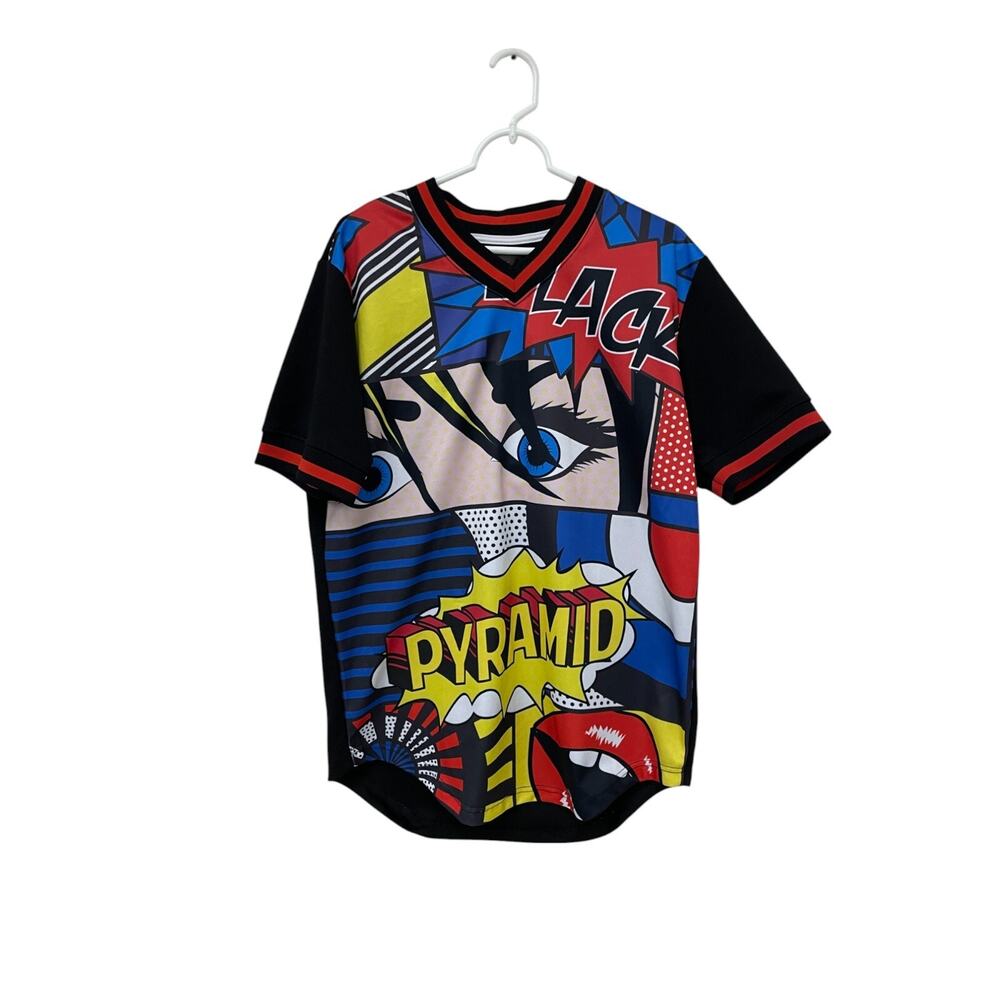 Black Pyramid Comic Book Print Shirt Mens Size L Multicolor Short Sleeve V Neck